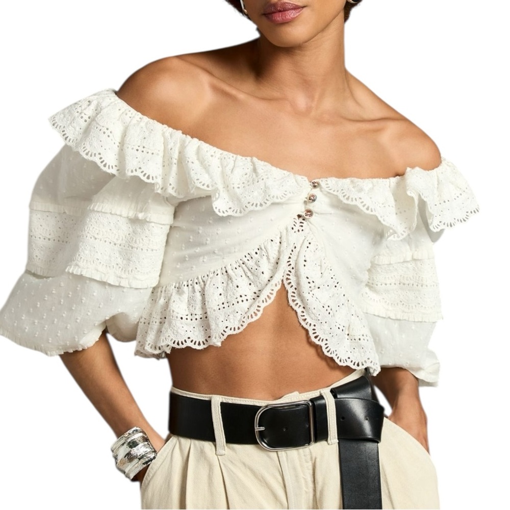 NEW Farm Rio Victorian Lace White Off-Shoulder Ruffle Crop Top